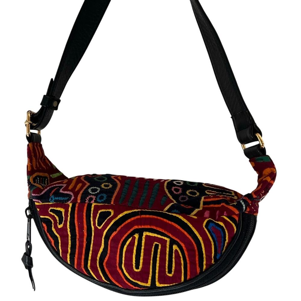 Valenzuela & Jensen Columbian Mola Textile Panels Leather Shop Boho Sling Bag